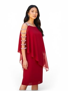 MSK Red Chiffon Cold Shoulder Dress with Rhinestone Straps Size M